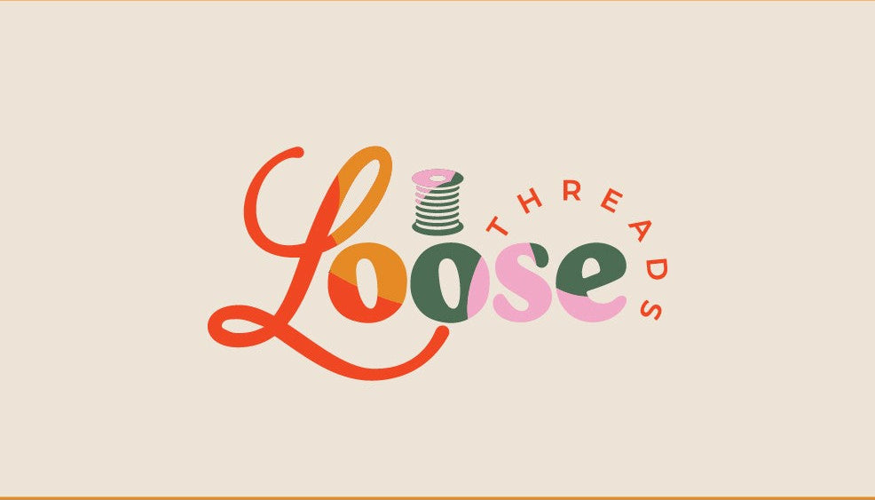 logo of loose threads with colorful gradiant letters and beige background